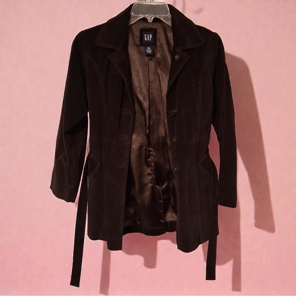 GAP Spring Leather Belted Jacket Dark Brown Mid-Length | Women's Size: Large - Picture 4 of 16